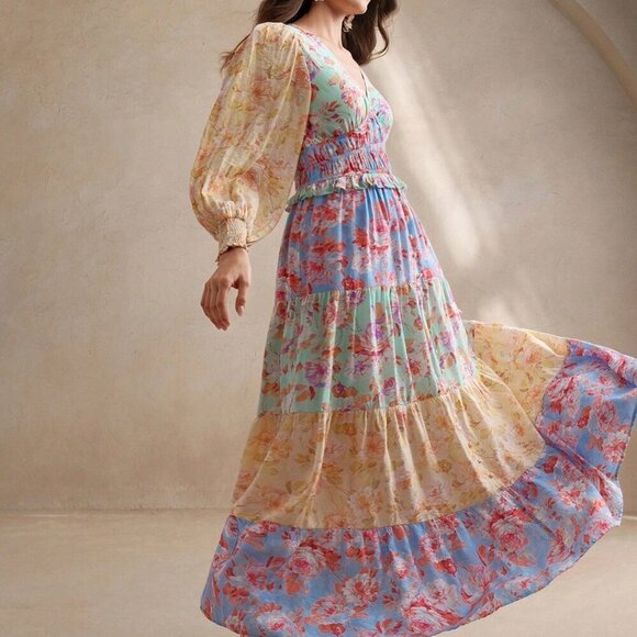 Blue Boho Women's V-Neck Lantern Sleeve A-Line Patchwork Dress - Picture 7 of 7